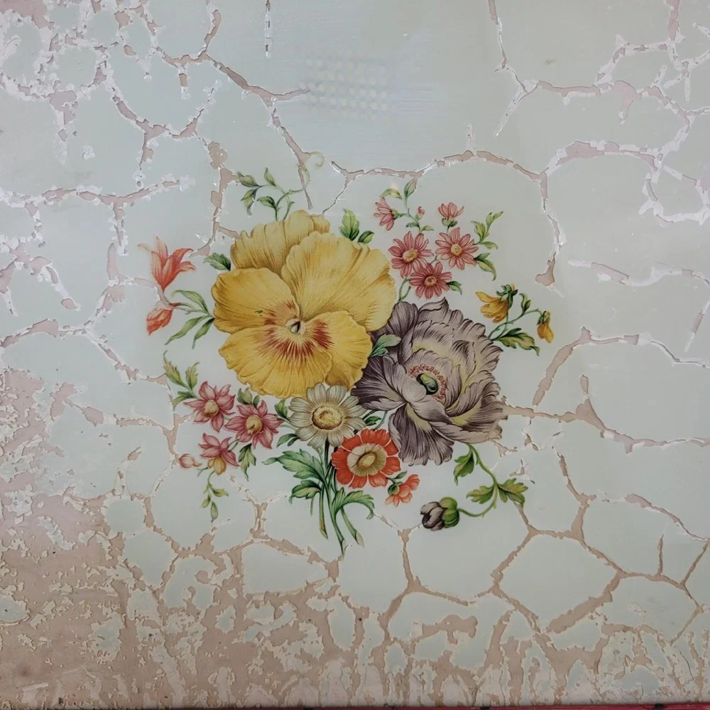 Vintage Floral Serving Tray Red Cream Wicker Trim Pansy Flower Crackle Finish